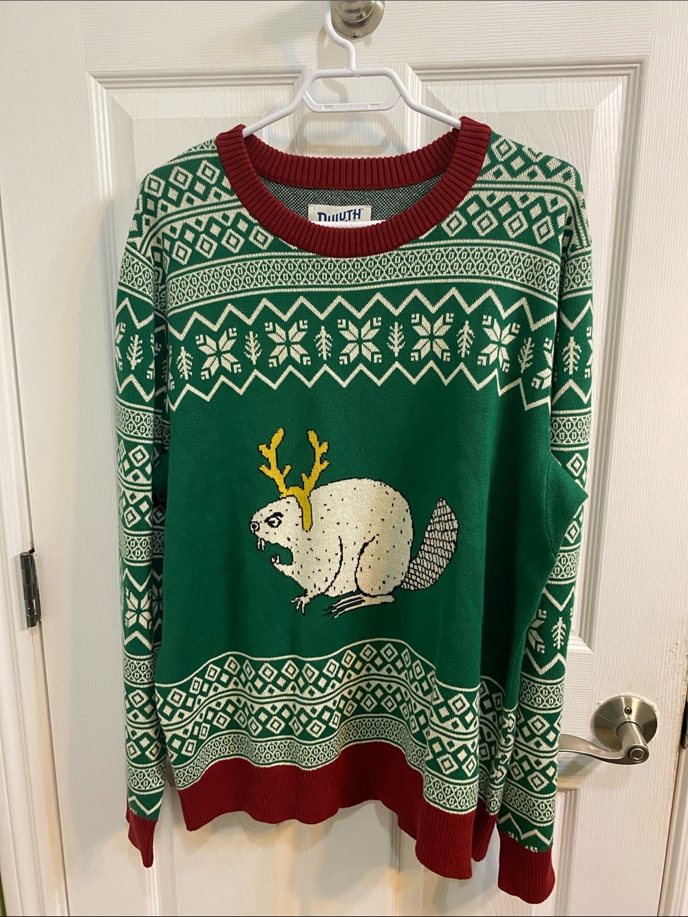 Duluth Trading Ugly Beaver Christmas Green Red Fair Isle Sweater Men's Large NWT